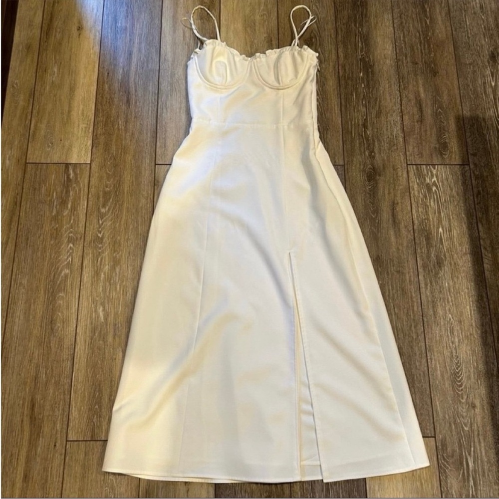 $148 French Connection Echo Ruffle Neck Slip Dress in Summer White 0